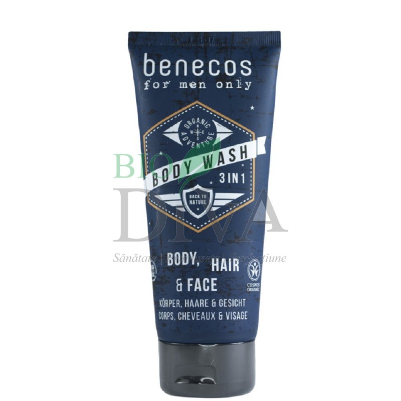 Gel de duș 3 în 1 pentru bărbați, ten corp și păr 200ml Benecos