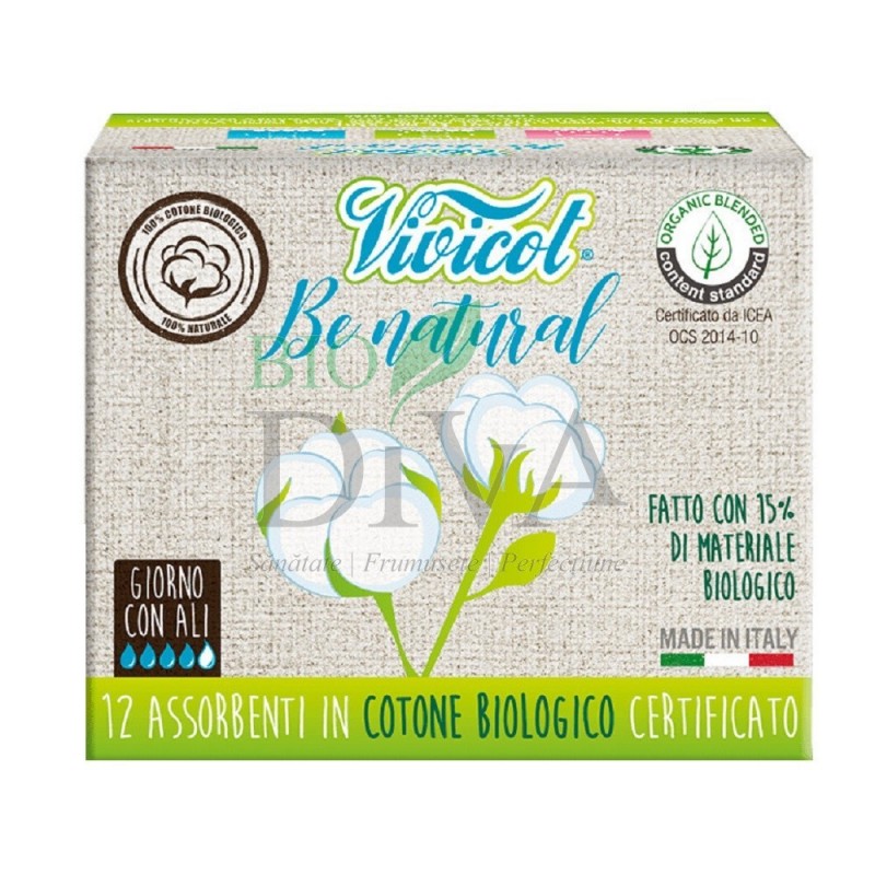 Absorbante de zi ultra subțiri din bumbac bio 4 picături Be Natural 12 buc Vivicot