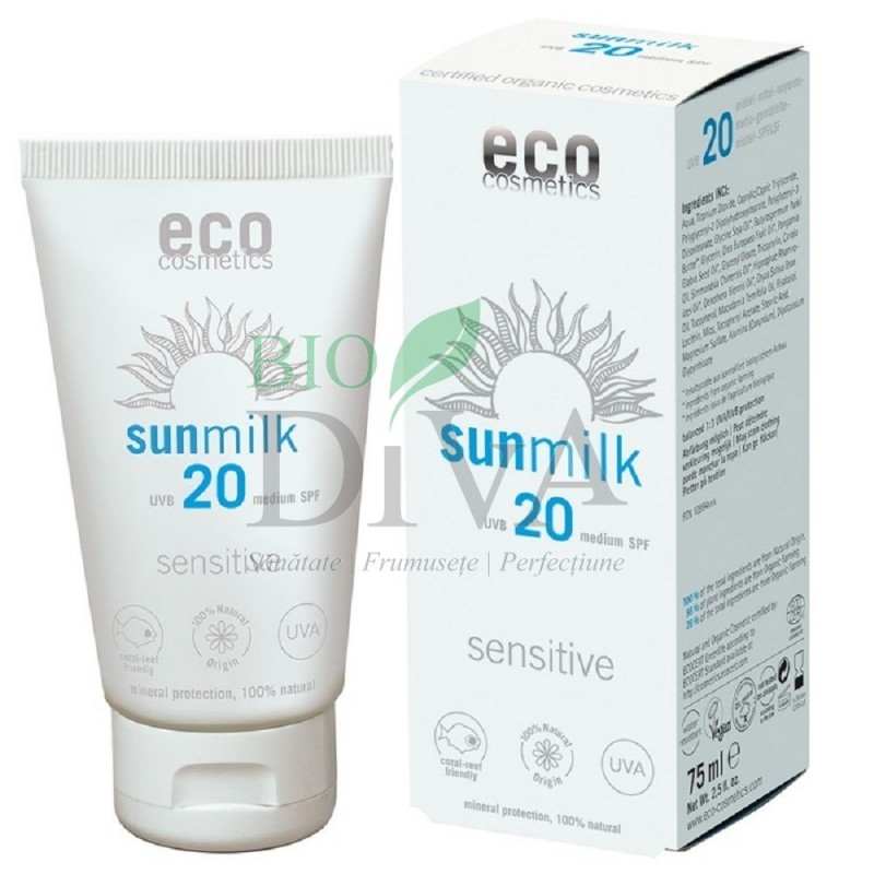 Lapte de plajă SPF 20 bio pentru piele sensibilă cu ulei de zmeură 75 ml Eco Cosmetics