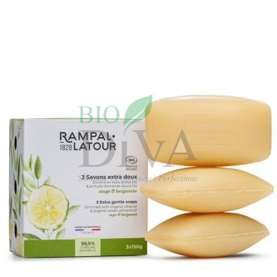 Pachet 3 săpunuri bio ovale cu salvie și bergamotă Rampal Latour
